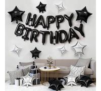 Black Balloons, Silver and Black Birthday Decorations, Happy Birthday Banner, HSC 25PCS Metallic Star & 13 Letters Reusable Inflatable Party Balloons for Women, Men, Boys, Girls
