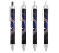 Black Ballpoint Pens, 4 Count Pack 0.5mm Bold Point, Retractable Sacred Geometric Symbol Purple Space Galaxy Stars Mystic Sun Moon Gel Pens with Comfortable Full Grip