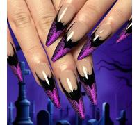 Black Bat Silhouette Halloween Press On Nails 24PCS - Extra Long Almond Shape Purple Glitter French Tip Gothic Acrylic False Nails with Adhesive Tools Kit for Women and Girls