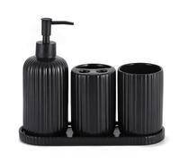 Black Bathroom Accessories Set, Ribbed Design, 4PC Ceramic Bathroom Sets Complete-Toothbrush Holders, Soap Dispenser, Vanity Tray, Toothbrush Cup, Stylish Black Bathroom Decor, Housewarming Gifts