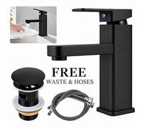 Black Bathroom Basin Mixer Tap Waterfall Square Mono Sink Faucet With Waste