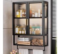 Black Bathroom Hanging Storage Bag with Increased Shelf Distance Cabinets with Doors and Towel Bar Ideal for Living Room and Kitchen (30 x 14.5 x 70 cm)