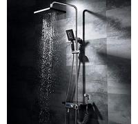 Black Bathroom Set Booster Thermostat Temperature Control Led Screen Display 4 Function Hand Shower System Square Top Spray Lift Bar With Faucet Bidet Fixed Showerheads