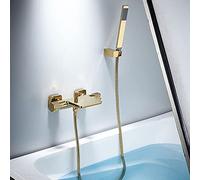 Black Bathtub Faucet, Cylinder Side Waterfall Shower Faucet Set, Copper Hot and Cold Water Mixer Tap, Wall-Mounted Bathroom Tub Filler, Painted Surface,Black, Gold