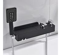 Black Bathtub Faucet Shower Set with Shelf, Copper Alloy Double Handle Tub, Wall Mounted Bathroom Mixer Tap with Hook, Anti-Scald Imitation Porcelain Surface