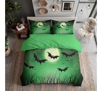 Black Bats In The Wilderness Duvet Cover - Super King Bedding Set 260x220cm - Ultra Soft - Reversible - American Poster Style Quilt Covers with Matching Pillowcase, Easy Care, Fluorescent Green