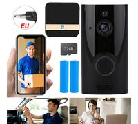 (Black+Batteries+32G+Chime) Smart Video Doorbell WiFi Wireless Intercom Door Ring Bell Security Camera 1080P