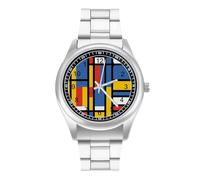 Black Bauhaus Abstract Modern Mondrian Style Blue Geometric Men's Casual Watch with Stainless Steel Strap Alloy Quartz Wrist Watches