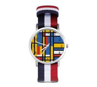 Black Bauhaus Abstract Modern Mondrian Style Blue Geometric Sport Watch for Men Women Nylon Strap Wrist Watch Analog Quartz Watch
