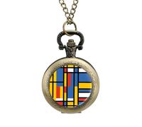 Black Bauhaus Abstract Modern Mondrian Style Blue Geometric Vintage Pocket Watch Alloy Pendant Watches Necklace Gift for Men Women Coppery-Style