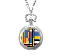 Black Bauhaus Abstract Modern Mondrian Style Blue Geometric Vintage Pocket Watch Alloy Pendant Watches Necklace Gift for Men Women Silver-Style
