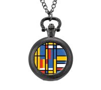 Black Bauhaus Abstract Modern Mondrian Style Blue Geometric Vintage Pocket Watch Alloy Pendant Watches Necklace Gift for Men Women Black-Style