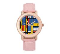 Black Bauhaus Abstract Modern Mondrian Style Blue Geometric Womens Elegant Watch Analogue Quartz Watch Leather Band Wristwatch