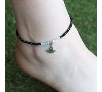 Black beaded turquoise fan charm dangle slim anklet The Colourful Aura Black 10 inches