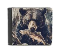 Black Bear Eating Fish Men's Leather Wallet Bifold Purse Card Holder Slim Money Clip Single-Sided Print