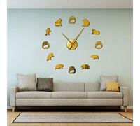 Black Bear Family Silhouette Wall Art Acrylic Stickers Silent Quartz Big Wall Clocks Woodland Nursery Decor Frameless Wall Watch (Gold、47inch)
