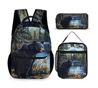 Black Bear In The Lake Casual 3pcs Backpack Sets