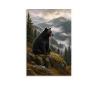 Black Bear Sitting On Rock Misty Mountain Forest Vintage Oil Painting Canvas Printed Posters Wall Art, Wildlife Nature Art for Living Room Cabin Bedroom Farmhouse Home Decor 20x30inch