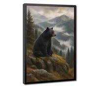 Black Bear Sitting On Rock Misty Mountain Forest Vintage Oil Painting Canvas Printed Posters Wall Art, Wildlife Nature Art for Living Room Cabin Bedroom Farmhouse Home Decor Black Frame 16x24in