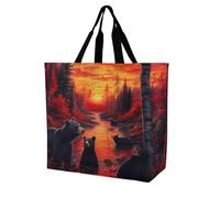 Black Bears Family Sunrise Forests Reusable Shopping Bags One Shoulder Grocery Tote Bag Waterproof Big Purse for Work Travel