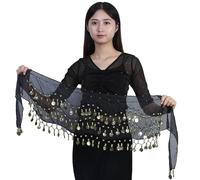 Black Belly Dance Costume - 98 Coin Chain Dancer Decorative Hip Skirt, Ladies Fringe Indian Mini Skirt, Semi-Transparent Sexy Outfit
