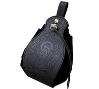 Black Belt Pouch,Medieval Faux Leather Dice Bag,Renaissance Waist Bag,Vintage Coin Purse,LARP Portable Drawstring Bag (Odin's Totem)