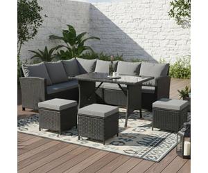 (Black) BIRCHTREE Rattan Garden Furniture Set Sofa Footstool Glass Table 9 Seat Patio 04