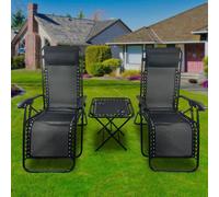 (Black) BIRCHTREE Set of 3 Sun Recliner Foldable Chair&Table Patio Garden Beach Lounge