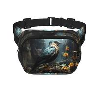 Black Bird and Flower Pattern trendy fashionable waist bag, unisex travel sports messenger bag