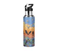 Black Bird on Wire Oil Painting Water Bottles Insulated Leakproof Stainless Steel Water Bottle with Straw Lid for Travel School Sport 600ml