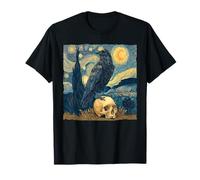 Black Bird Raven On Skull Starry Night Witchy Crow Halloween T-Shirt