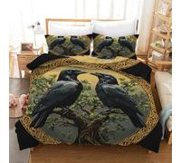 Black Birds Pattern Bedding Set Reversible Green Leaves Celtic Art Quilt Cover Set for Women Men Kids Easy Care Microfiber Luxurious Gold Super King Duvet Cover