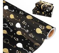 Black Birthday Wrapping Paper Roll - Metallic Dots and Balloon Design, 43cm x 10m Black Gold Wrapping Paper for Women Men, Luxury Gift Wrap Paper for Birthday Christmas Wedding Baby Shower Party