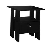 (Black, Black) 2 Tier Wooden Table Bedside Nightstand 1 Drawer