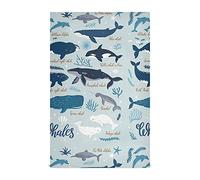 Black Black Grey White Marine Sea Whales, Blue Seaweeds on Light Blue 1 Pack Polyester Kitchen Dish Towel, Hand Bar Tea Towels with Hanging Loop, Hemmed NapkinTowel Dishtowels Waffle Dishcloths