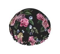 Black Blackgound Rose Women Luxury Shower Cap, Double Protection Layers Elastic, Reusable Adjustable Shower Bonnet