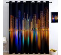 Black Blackout Curtains 55 x 102 Inch, Night View Of Buildings Dubai Marina Thermal Insulated, Soundproof & Noise Reducing Drapes for Living Room, Bedroom and Kids Room - Eyelet Darkening Curtains
