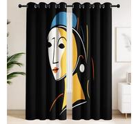 Black Blackout Curtains Eyelet with Geometric Portrait Girl With A Pearl Earring Pattern, Darkening Drapes for Apartment Studio, Avant-Garde Window Treatment with Grommets, W 55" x L 96" 2 Panels