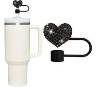 Black Bling Hearts Straw Covers Cap for Stanley Cup, Bling Diamond Rhinestone, 10mm Silicone Toppers, Straw Topper Compatible for 30&40 Oz Tumbler with Handle, Reusable Straws