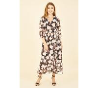 Black Blossom Wrap Midi Dress With 3/4 Sleeves Yumi Black 10