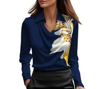 Black Blouses for Women UK, Women's Silk Satin Shirt Cowl Neck Ruched Front Draped Top Fitted Long Sleeve Collar Blouses for Women UK Elegant Smart Formal Office Work Wear 12-Navy 12
