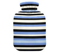 Black Blue and White Stripes Water Bottle for hot Water with Soft Cover, 1L Warm Compress for Tummy Warmer,Period Cramps,Bolsa de agua Caliente para el Dolor