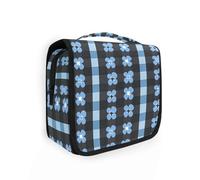Black Blue Checkered Pattern Blue Small Flower1 Travel Makeup Bag Large with Hanging Hook Expandable Bags for toiletries Vacation