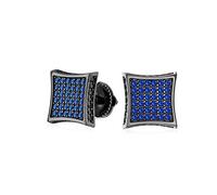 Black Blue Cubic Zirconia Micro Pave CZ Square Stud Earrings For Men Simulated Sapphire Sterling Silver Screw back 9MM