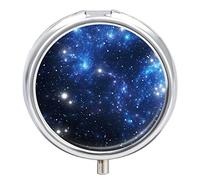 Black Blue Galaxy Space Shiny Stars Nebula White Glaring Stars Iron Pill Box Case Organizer with Internal Separate Plastic Dividers, Travel Small Medicine Bag Holder Carrier Round Container