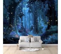 Black Blue Mural Wallpaper, Fantasy Cartoon Forest Insects Fireflies Non-Woven Premium Art Print Wall Mural for Kids Girls Boys Bedroom Living Room Classroom Playroom Home Decor - 200 x 140 cm
