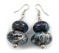 Black/Blue/Silver/White/Purple Colour Fusion Wooden Double Bead Drop Earrings - 55mm L