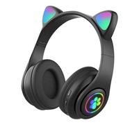 (Black) Bluetooth 5.0 Headphone with Microphone Cute Cat Ear Wireless/Wired Foldable Headphone Bass RGB Breathing Light for Boys/Girls