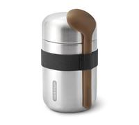 BLACK + BLUM - Food Flask - Vacuum Insulated 304 Stainless Steel Food Container with Leak Proof Lid, Nylon Strap and Natural Wood Fibre Spoon - Keeps Hot for 6 hrs, Cold for 8 hrs, Black - 400ml