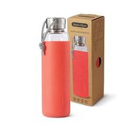 BLACK+BLUM - Glass Water Bottle - Leak Proof, Lightweight Borosilicate Glass Bottle with Screw-Fit Lid, Carry Loop and Protective Sleeve - Freezer Safe, Coral - 600ml